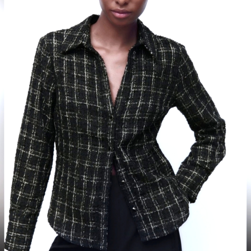Zara Fitted Structured Black Plaid Shirt Tweed M medium NWT